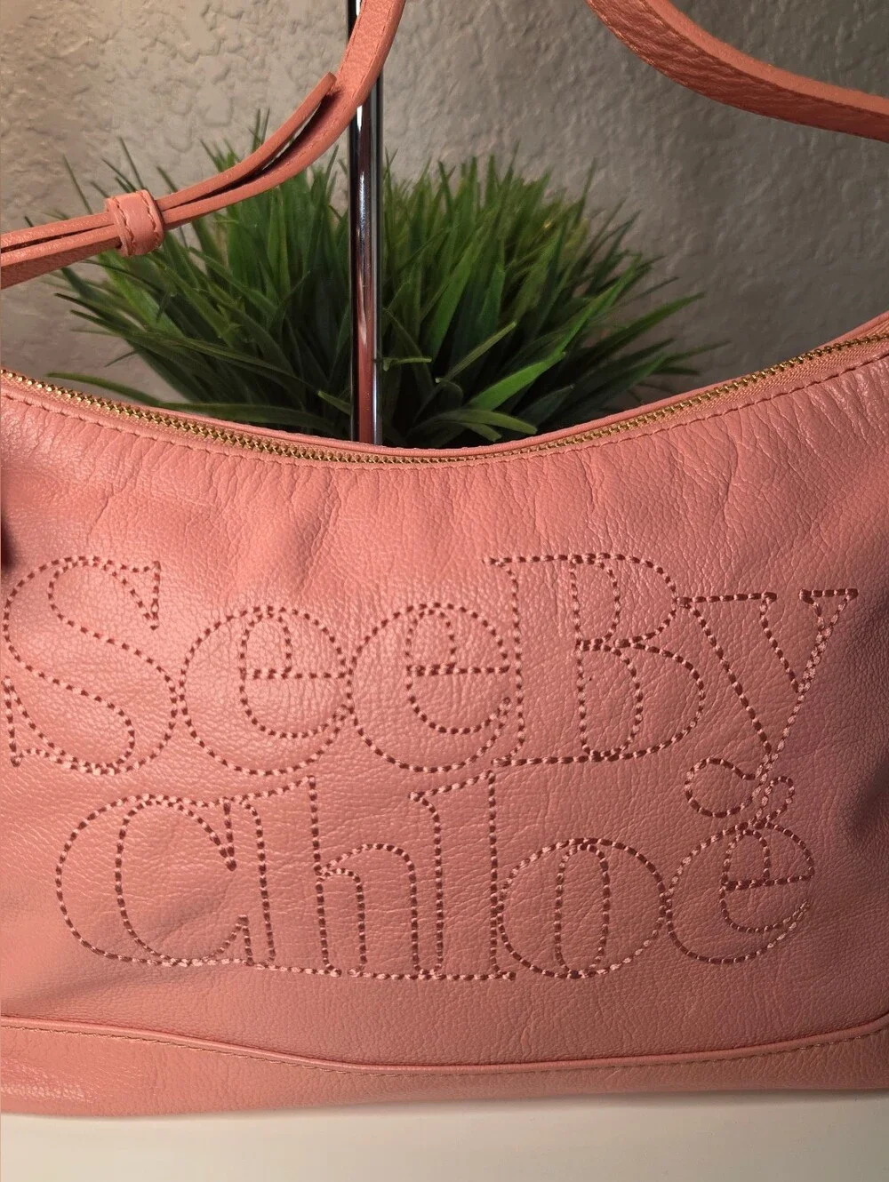 See By Chloe Embroidered Logo Pink Leather Shoulder Bag Satchel Hobo Handbag